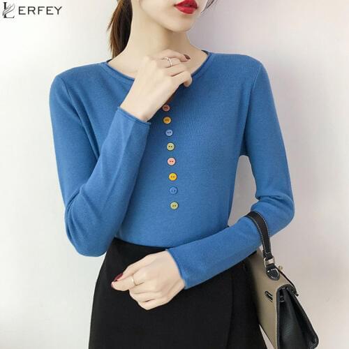 LERFEY Button V Neck Sweater Women Spring Autumn Solid Knitted Pullover Women Slim Soft Jumper Sweater Female Knit Tops