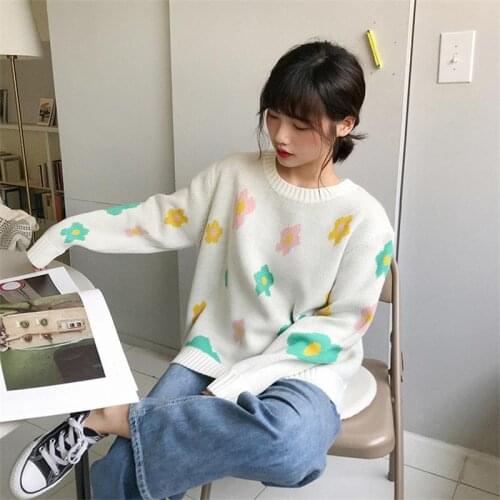Vintage Sweet Color Matching Flower Sweater Female Korean Harajuku Womens Sweaters Japanese Kawaii Ulzzang Clothing For Women