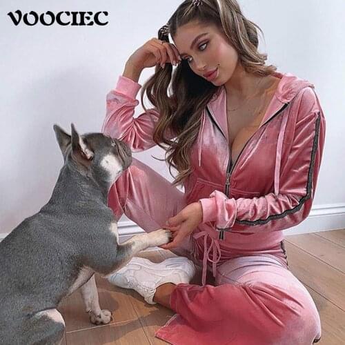 VOOCIEC Women Plush sweater suit Two piece suit of casual slim fitting fleece hooded sweater pants home leisure sportswear suit