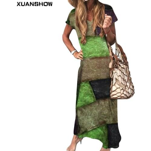 XUANSHOW 2021 Fashion Summer Dresses for Women Natural Field Printed Split Soft Short Sleeve V-neck Maxi Casual Dress Ropa Mujer