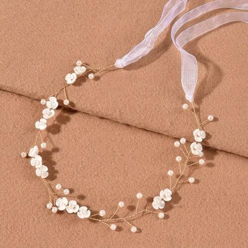 Pearl Petals Bridal Headpieces with Ribbon Handmade Wedding Headband Hair Accessories for Wedding Party BH