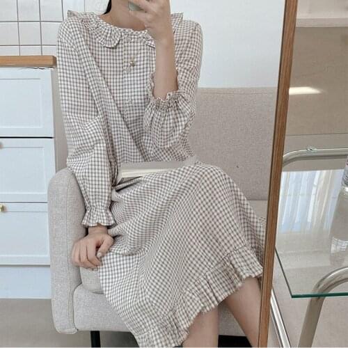 Spring Cotton Nightgown Women Loose Sleep Dress Plaid O-Neck Ruffles Apricot Sleepwear Home Clothes Korean Elegant Sweet