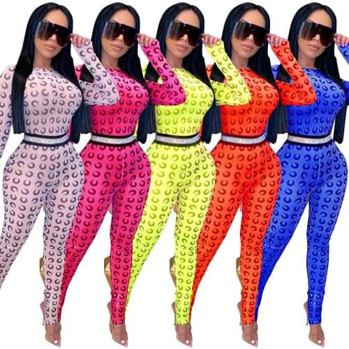 Womens Suit Printed Letter Long Sleeve Crew Neck Foot Strap Mesh Print O-Neck zipper waist Mesh Perspective Jumpsuit
