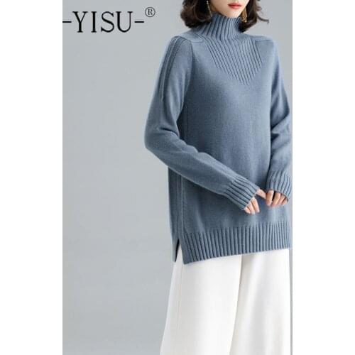 YISU Women Sweater Autumn Winter Turtleneck Warm Tops Solid color Simple Female Knitted pullover All-match Long sleeve Jumper
