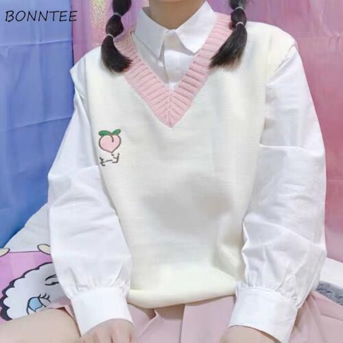 Sweater Vest Women Sleeveless V-neck Kawaii Printed Solid Knitting Leisure Sweet Cute Students School Streetwear Clothing Womens