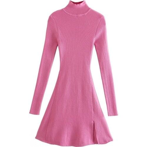 2021 Women Fashion Pink Knitted Mini Dress Female Elegant Autumn Sweater Turtleneck Long Sleeve Dresses Vestidos Side Split Slim