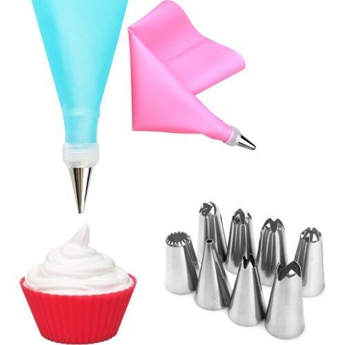 10PCS/SET Silicone DIY Icing Piping Cream Pastry Bags + 8PCS Nozzle Set Cake Decorating Tools with 1Pcs Coupler Converter