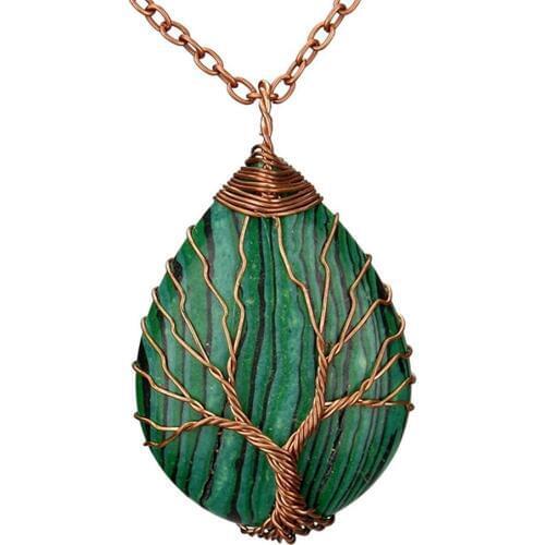 12PCS TearDrop Natural Stone Opal Malachite Copper Wire Wrap Pendant Necklace for Women Quartz Crystal Collar Reiki Jewelry Free