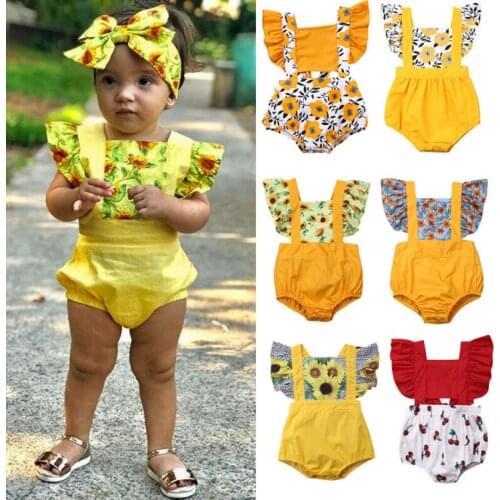 2020 Baby Girls PatchWork Sunflower Clothing Newborn Girls Ruffles Romper Jumpsuit Outfit Clothes