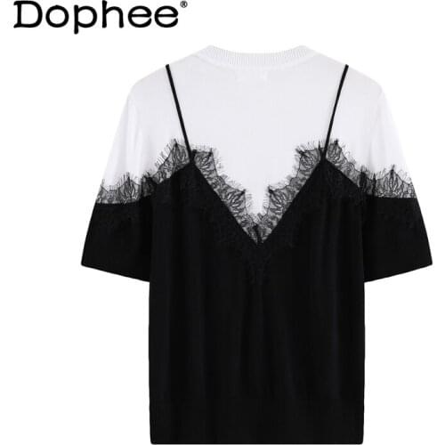 2021 Summer Slim-Fit Elegant Tshirt Lace Patchwork Fake Two Pieces Short Sleeve Knitted Tee Ice Silk T-shirt Womens Top