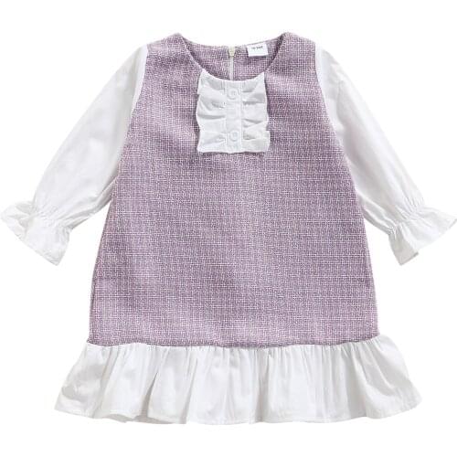 2021 0-6Y Sweet Kids Baby Girls Dress Button Ruffle Plaid Print Purple Long Sleeve Patch Loose Toddler Dress