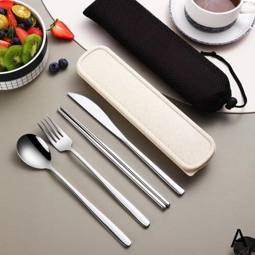 4Pcs/Set Camping Tableware Set Reusable Travel Cutlery Set Steel Spoon Fork Chopsticks Portable Case With Gift Box
