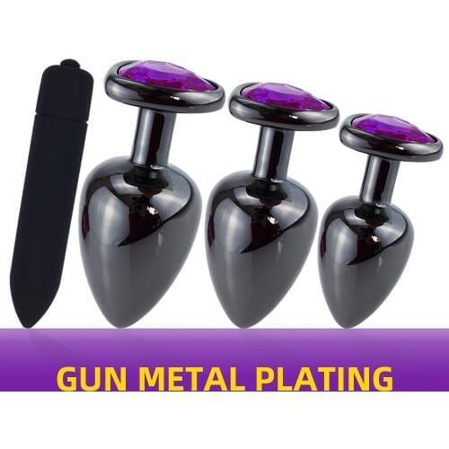 GunMetal Butt Plug Vibrators Massager With Purple Heart Crystal Dildo Bullet Vibrator Anal Plug Masturbator Anal Sex Toys