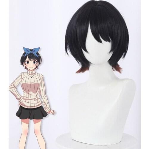 Rent A Girlfriend Cosplay Short Black Wig Heat Resistant Synthetic Hair+Net