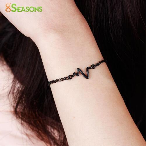 8SEASONS Fashion Heart Beat Heartbeat Rhythm Chain Bracelet with Dangling Jewelry Bracelets Black Golden Silver Color, 1 Piece