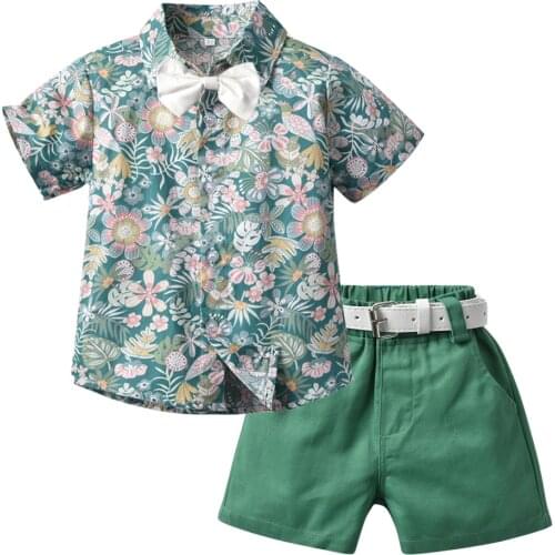 1-6 Years Children Flower Outfits Fashion Toddler Boys Clothing 2021 Summer Short Set Printed Shirt Green Pants 2 PCS Suit
