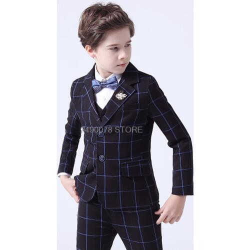 Kids Plaid Jacket Vest Pants Bowtie 4Pcs Dress Flower Boys Luxurious Wedding Suit Children Piano Show Performance Party Costume