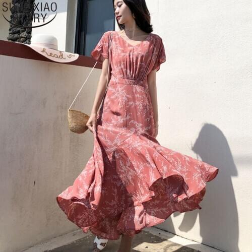 Midi Long Dress Vestido Women Short Sleeve Floral Print Summer Lace-up V-neck Chiffon Dresses Red Ruffles Party Dress 10178