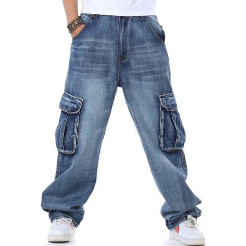 Mens jeans Japanese mens multi-pocket blue jeans pants hip-hop plus size loose jeans