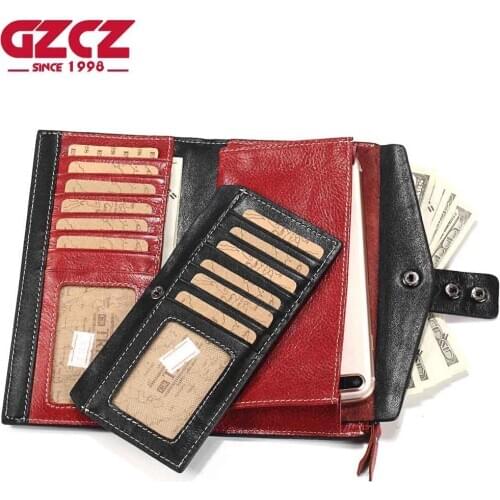 GZCZ Cell Phone Pocket Women Wallet Long Design Red Hasp&Zipper Lady Chinese Style Genuine COW Leather Clutch Wallets Coin Purse