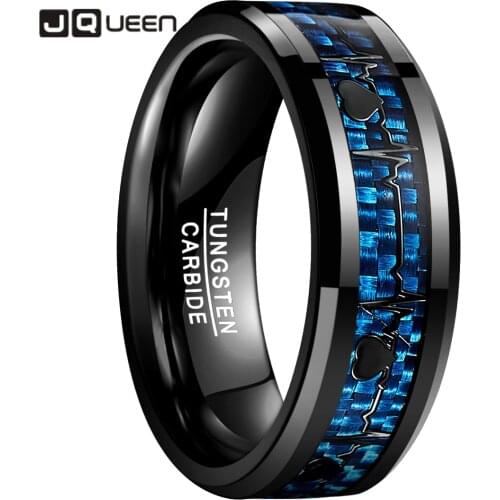 JQUEEN Mens 8mm Tungsten Carbide Rings Heartbeat Tungsten Wedding Band Rings with Carbon Fiber Size 7 To 12