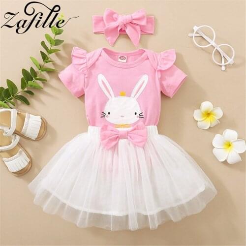 ZAFILLE Cute Rabbite Baby Dress Pink Ruffle Bodysuit Tutu Skirts 2pcs Toddler Baby Suit Summer Baby Girl Clothes Set For Newborn