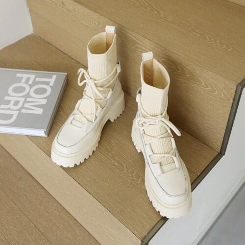 MKKHOU Fashion Short Boots Women New Winter Real Cowhide Cross-lace Thick-soled Boots Ladies Casual Elastic Stocking Boots