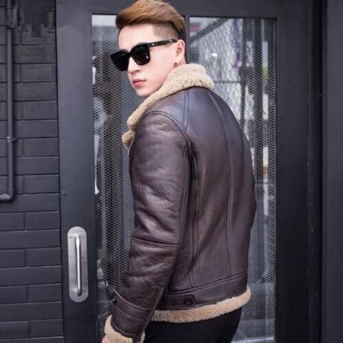 Sheep Shearling Autumn Winter Genuine Sheepskin Men Leather Jacket Natural Fur Coat MC16C157 KJ1211