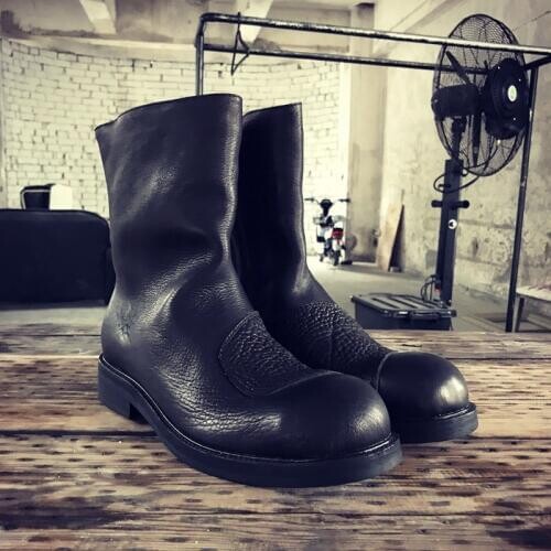 Retro Harajuku Autumn Winter Mens Genuine Leather Boots Fashion Side Zip Round Toe Thick Bottom Male Mid Calf Boots Plus Size