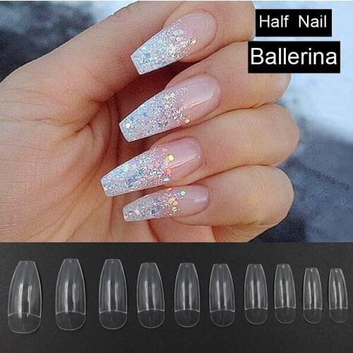 500pcs Transparent Long Fake Nails Ballerina Half Nail Tips Acrylic Artificial DIY False Nails Nail Art Decoration Faux Ongles