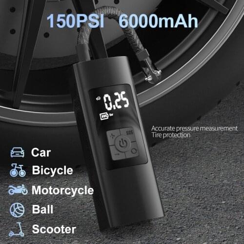 150PSI 6000mAh Rechargeable Air Pump Cordless Air Compressor Tire Inflator Dual-use Digital Car Tyre Pump for Bicycle Tire Balls