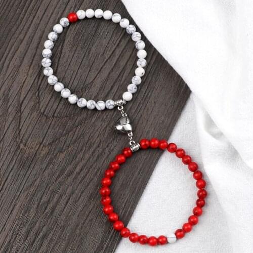 New Black White Beads Bracelet Magnet Heart Couple Natural Stone Matching Braslets for Men Women Gift Friendship Charms Jewelry