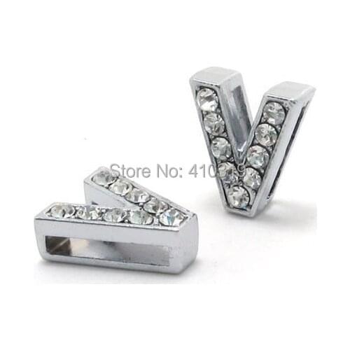 Wholesale 50PCS 8mm " V " full rhinestones alloy slide letter , fit for 8mm phone strips
