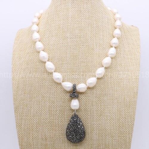 Natural pearl handcrafted druzy necklace big pearls & black drop pendant beads 16" pearl necklace gems for women New style 780
