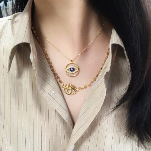 Stainless Eye Fatima Hamsa Hand Turkish Evil Eye Pendant Necklace Gold Color Long Chain Necklace for Women Girls Fashion Jewelry
