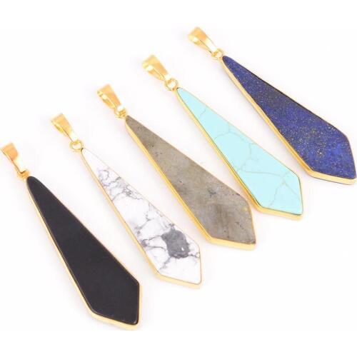 Natural Stone Sword Shaped Necklace Taper Pendulums Pendants Healing Lapis Lazuli & Obsidian Jewelry