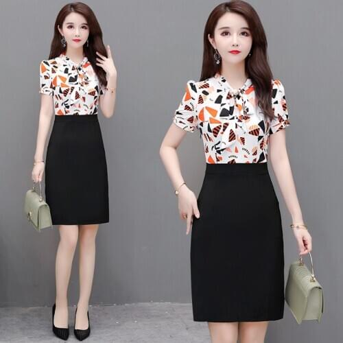 Summer Patchwork Pocket Bow Short Sleeve Knee-Length A-Line Plus Zise High Waist Slim Chiffon Orange Blue Cocktail Dresses 9339