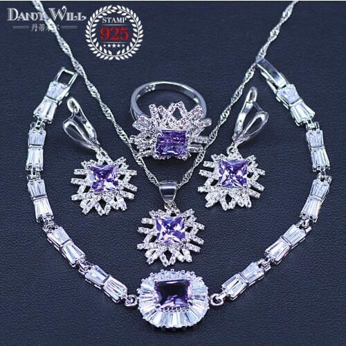 Romantic Women Gift Tear Drop Earrings Neckalce Ring AAA Purple Cubic Zircon Micro Pave Silver Color Jewelry Sets