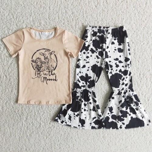 RTS Baby girls heifer design short sleeve bell bottom cow print pants boutique outfits wholesale ready to ship clothing sets
