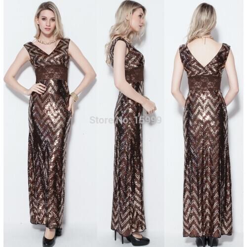 Sexy Double V-neck Sequin Coffee Maxi Lace Waist Evening Party Prom Stock Women Luxury Dress New Year