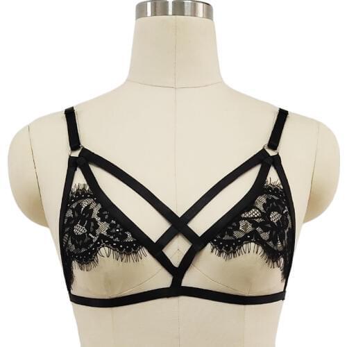 Sexy womens Lace Harness Bra Fetish Sexy Lingerie Gothic Bondage Suspender Belt Elastic Adjustable Body Cage Bra