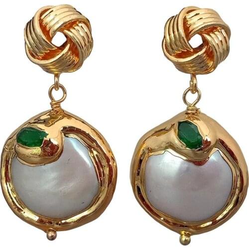 Y·YING Freshwater Cultured White Coin Pearl Green Crystal Stud Earrings