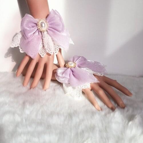 Sweet Lolita Wedding Hand Wrist Cuffs Double Layer Floral Lace Tulle Bow Bracelet Wristband Imitation Pearl Charm Jewelry Cospla