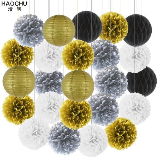 Mixed 24PCS Gold Silver Party Tissue Pompoms Paper Lantern Honeycomb Flower Ball Girl Baby Shower Birthday Wedding Decorations