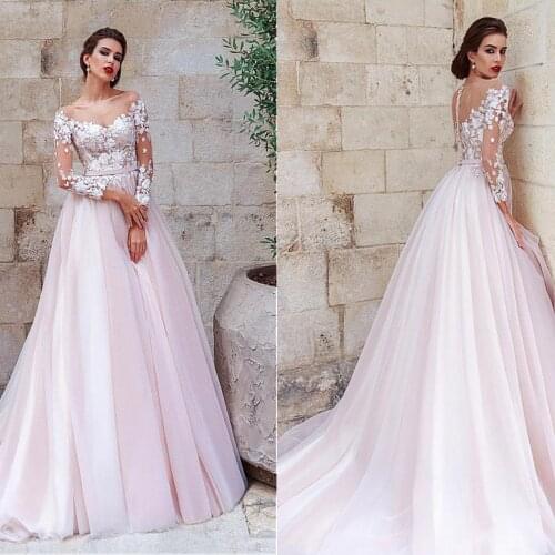 Pink Illusion O-Neck Wedding Dresses A-Line Tulle Gown Applqiues Sexy Back Bridal Dresses Vestido De Noiva