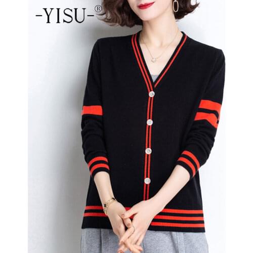 YISU 2021 Spring Women Sweater Cardigan V-Neck Solid color Knitted Cardigan Long sleeve Simple Female Casual Loose Cardigan