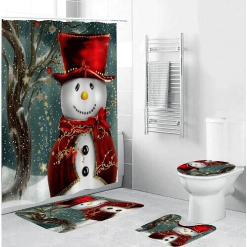 3D Digital Printing Christmas Bathroom Set Snowman Pattern High Quality Waterproof Shower Curtain Toilet Cover Mat Home Decor