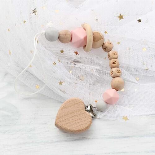 Custom Baby Personalize Name pacifier Clip Silicone Beech Beads Binky Clip Pacifier Chain Chew Baby Teether Toys Nipple Holder