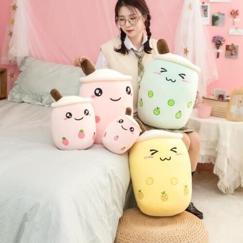 24/50cm Yellow Bubble Tea Cup Plush Toys Stuffed Fashion Drink Pillow with Suction Tube Adorable Back Cushion Funny Boba Food