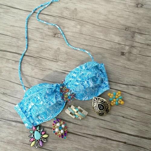 Women Bikini TOPS for Women Swimwear Diamond Print Floral Blue Bathing suits Sexy girl Underwire Swimming Biquini UP